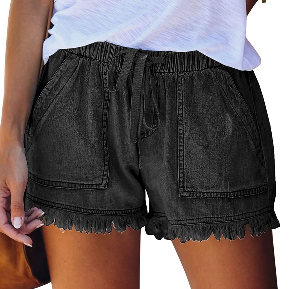 Super cute, lightweight, skin-friendly black denim drawstring shorts.